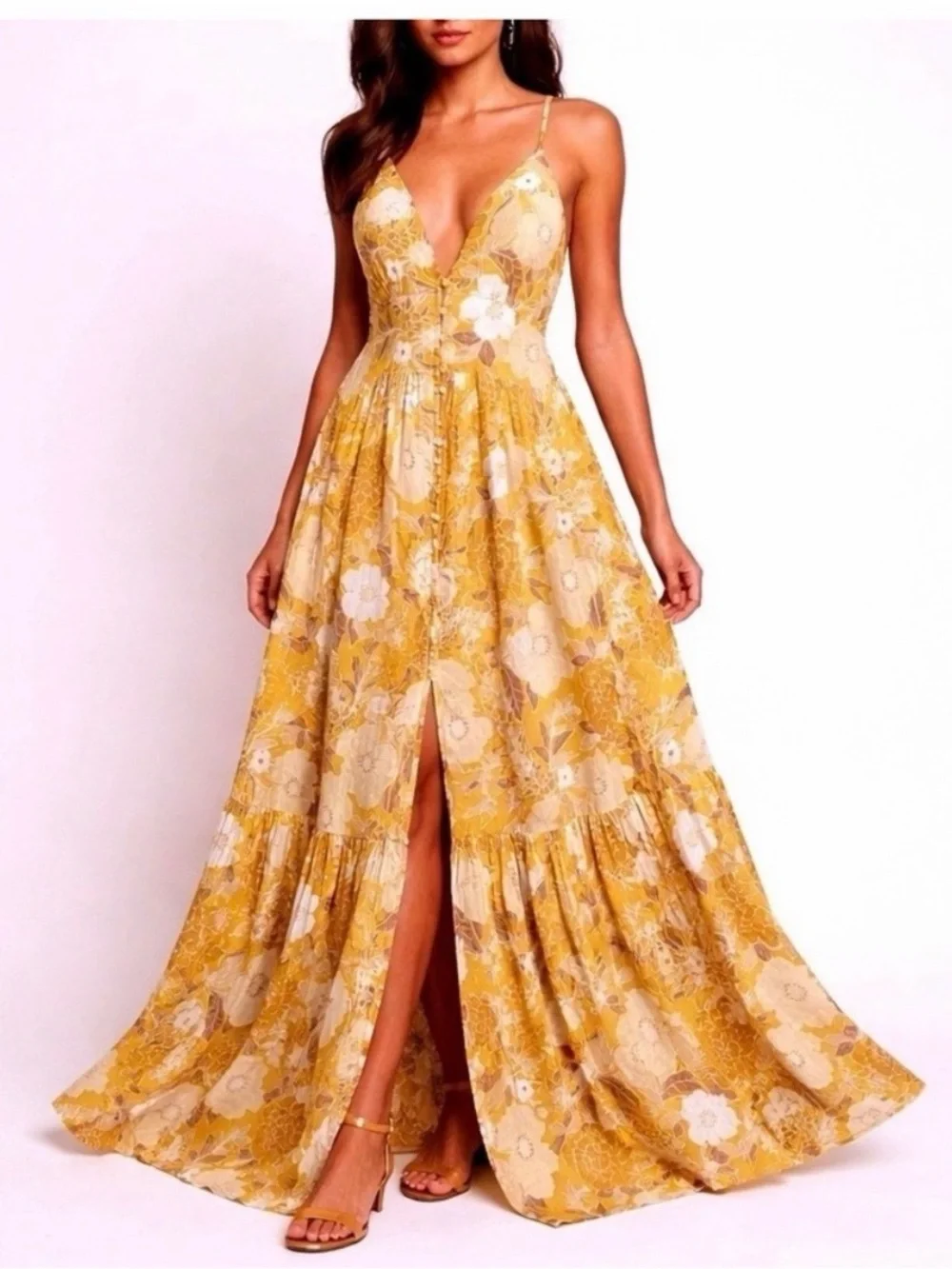 NWT Abercrombie & Fitch Linen Yellow Floral Plunge Maxi Dress